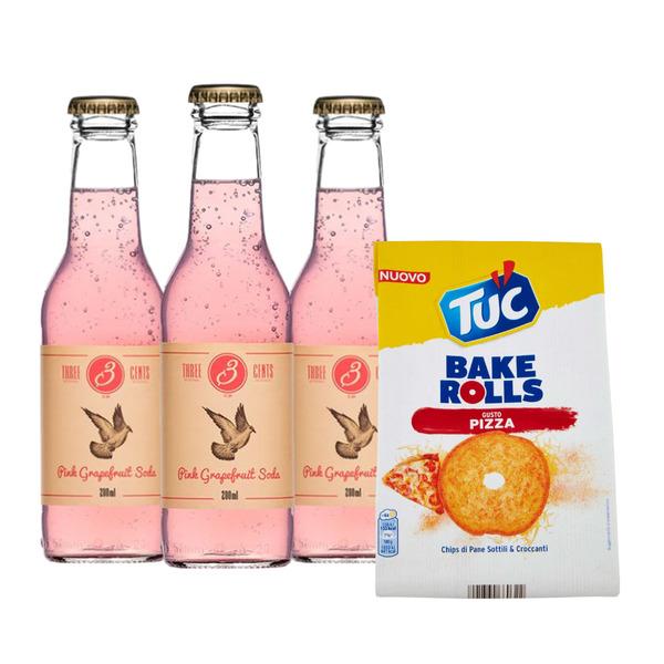 Kit Aperitivo - Three Cents Pink Grapefruit Soda e Tuc Bake Rolls Pizza